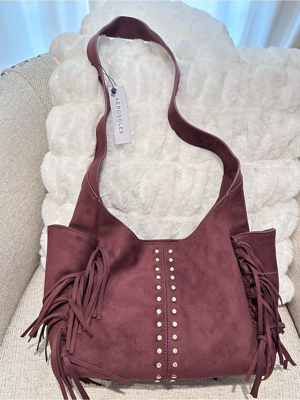 AEROSOLES Burgundy Suede Fringe Stud Hobo Shoulder Bag
